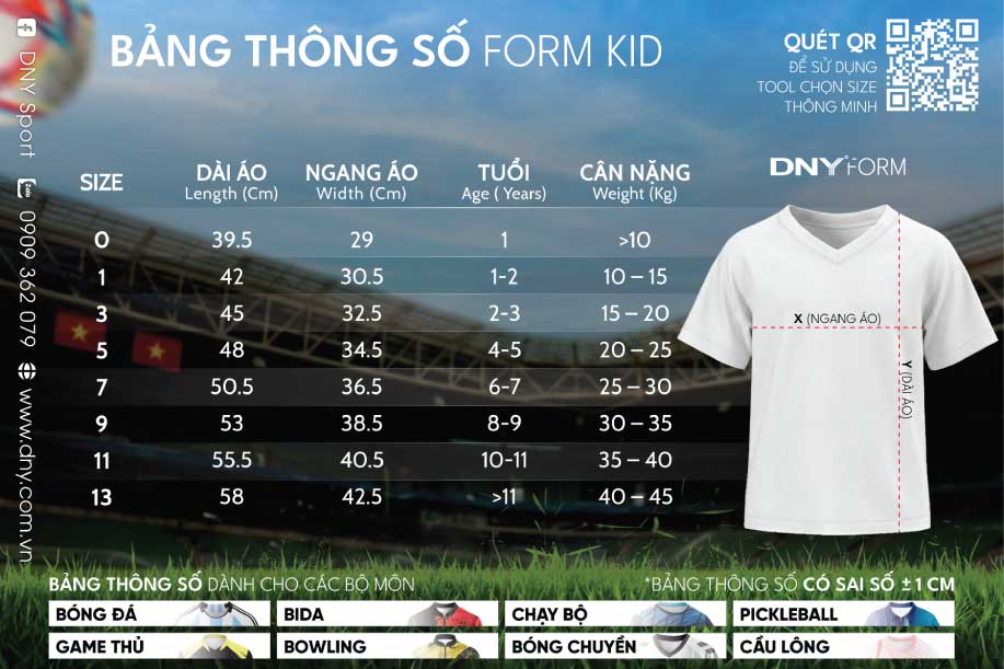 Bảng thông số áo bóng đá trẻ con